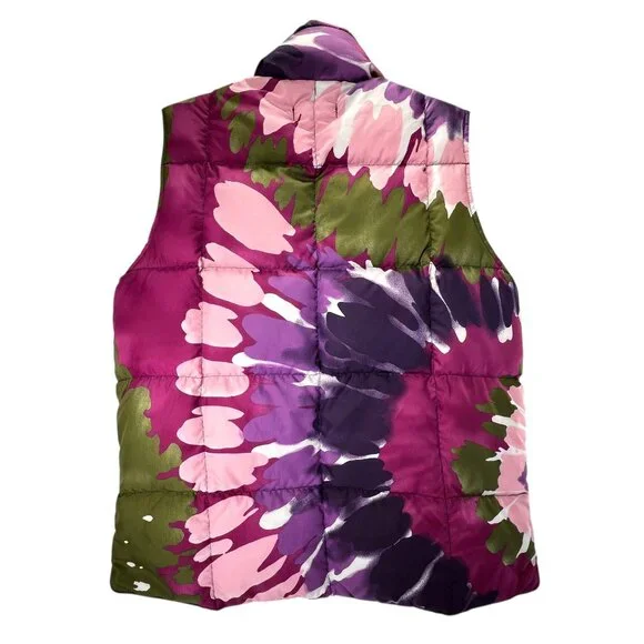 Lands End Floral Down Puffer Vest M 10-12 Bright Snap Close Pink Green Purple - Picture 2 of 14